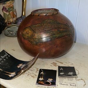 PNW Sharon Boyd Artist Handcrafted carved Gourd Vase pine needle trim